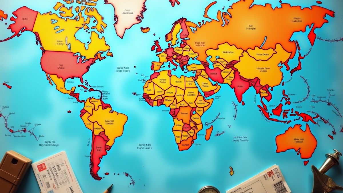 Wereldkaart met reiselementen zoals een kompas en ansichtkaarten.