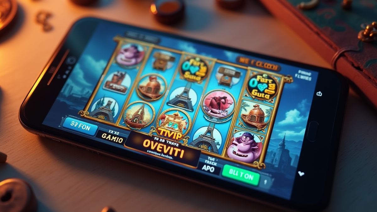 Mobiele interface van een slotgame met reiselementen.