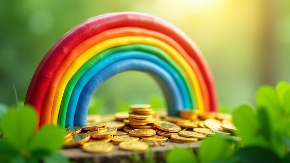 Een kleurrijke regenboog met goudstukken aan de basis omringd door groene klavertjes.