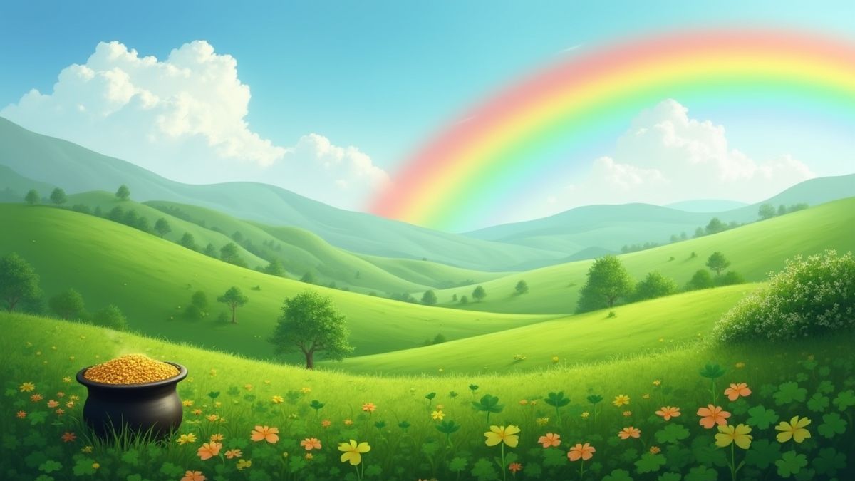 Iers landschap met groene heuvels en een gouden ketel onder een regenboog.