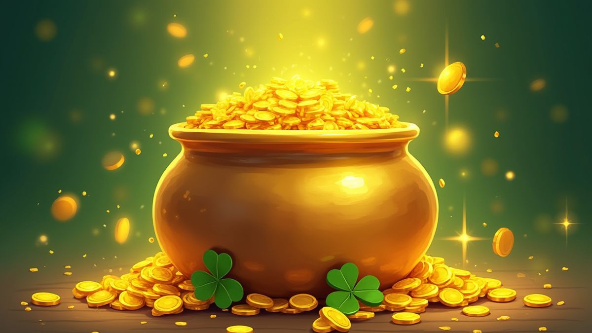Gouden ketel vol met munten en omringd door klavers.
