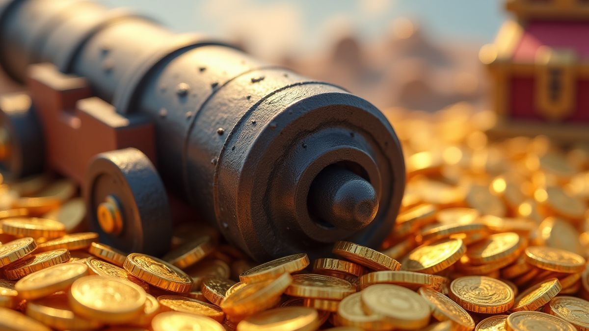 Eine Kanone, umgeben von goldenen Münzen und Schatztruhen.
