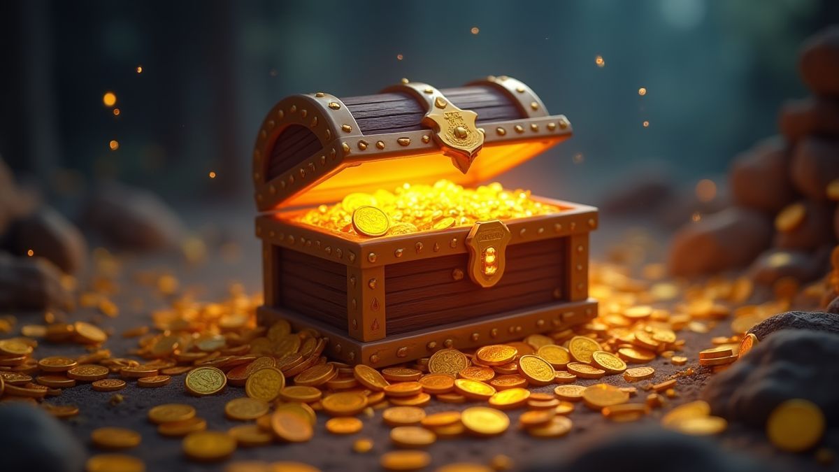 Eine leuchtende Schatztruhe, umgeben von Goldmünzen.