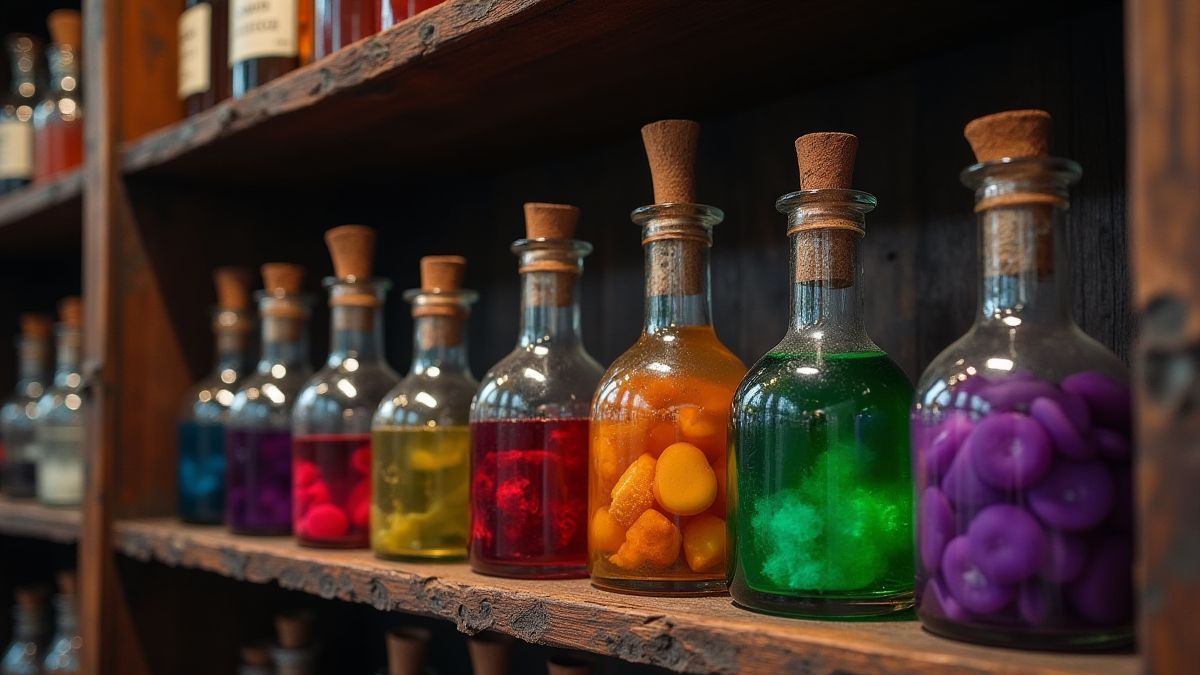 Flacons de potions colorées sur une étagère en bois dans une apothicaire magique.