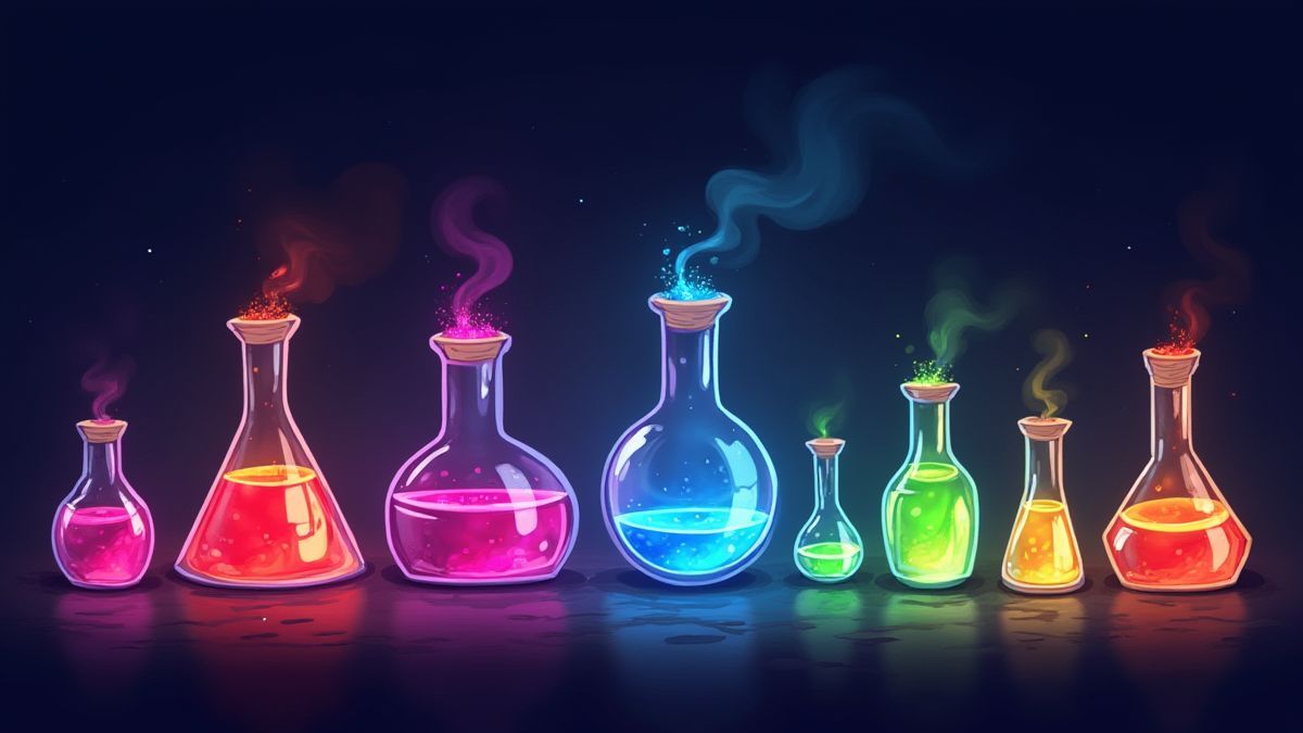 Flacons magiques de potions brillants en couleurs vives sur un fond sombre.