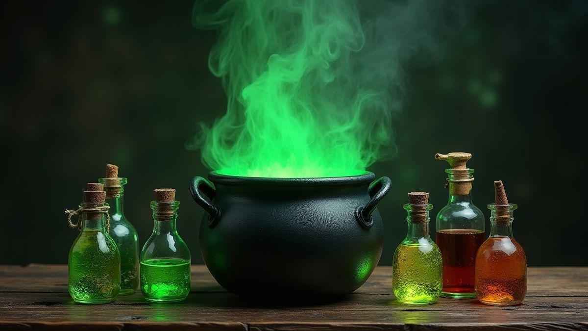 Sprudelnder grüner Kessel umgeben von magischen Fläschchen.