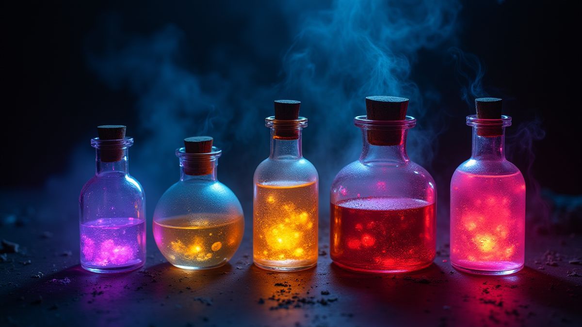 Leuchtende Zaubertrankfläschchen in verschiedenen Farben in einem magischen Raum.