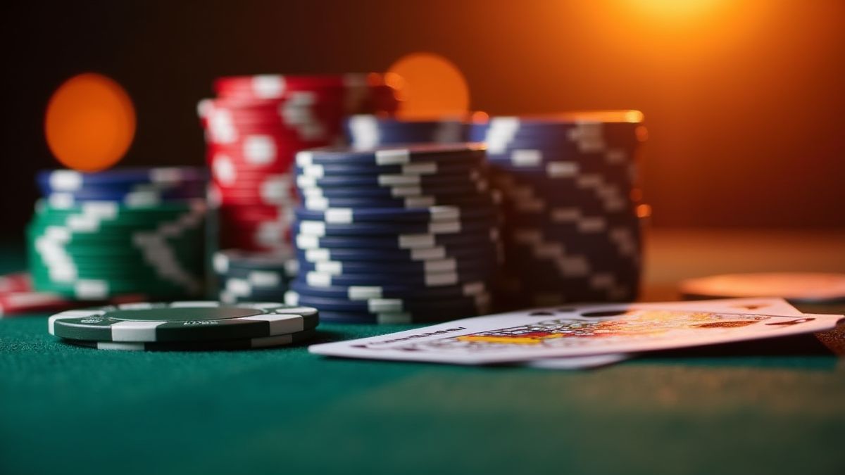 Poker chips and cards with a bright background.