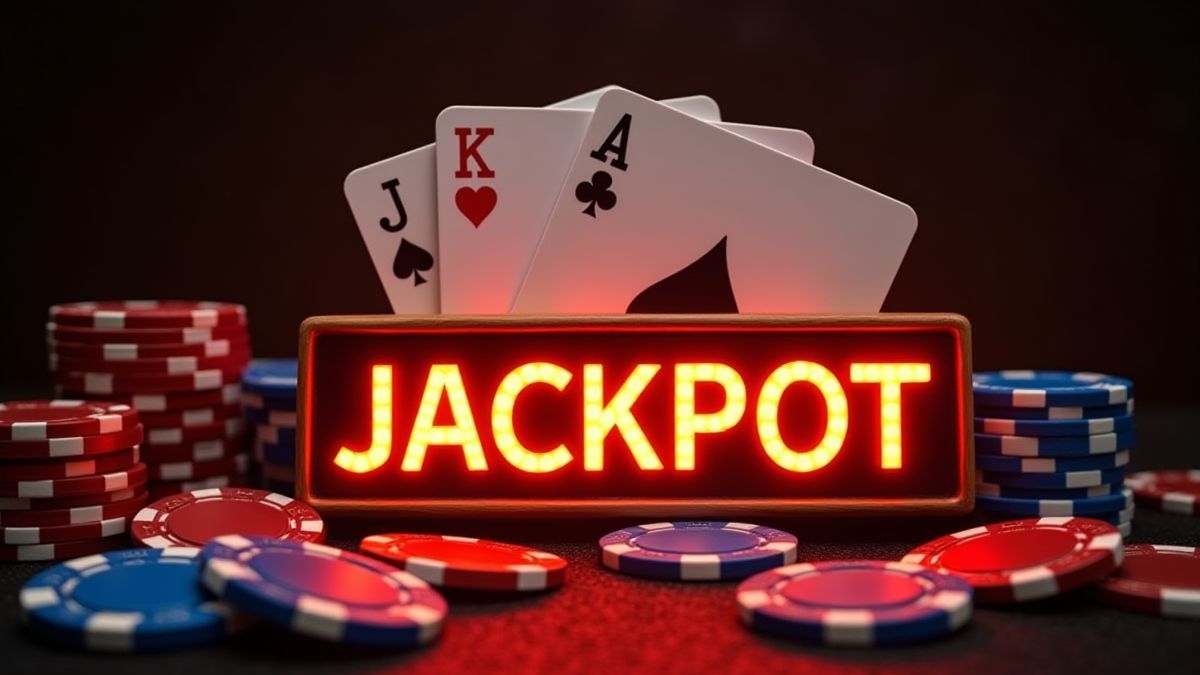 Bright jackpot symbol surrounded by cards and chips.