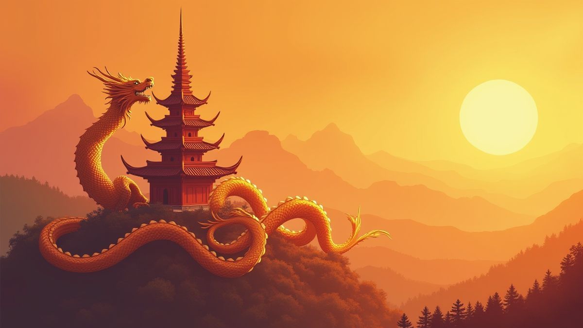 A golden dragon wrapped around an Asian temple.