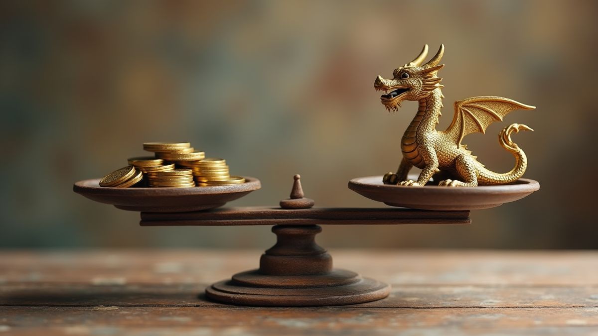 A balance scale with coins and a dragon symbol.