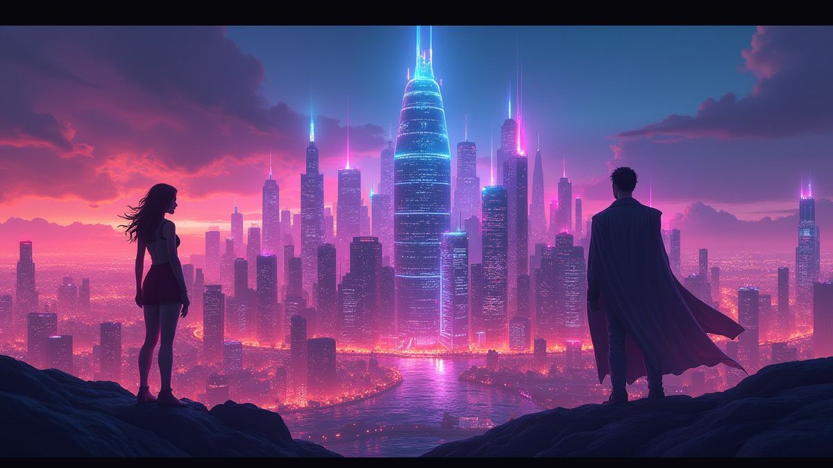 Cidade futurista iluminada com luzes de néon e silhuetas de super-heróis.
