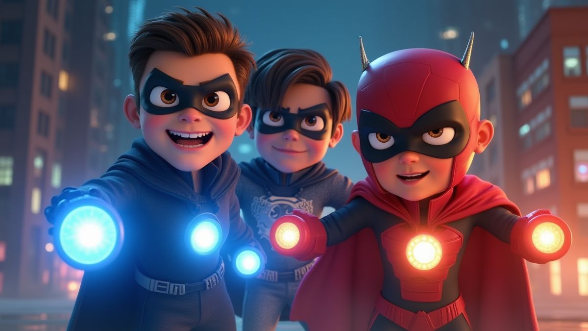 Super-heróis animados usando gadgets brilhantes em ação.