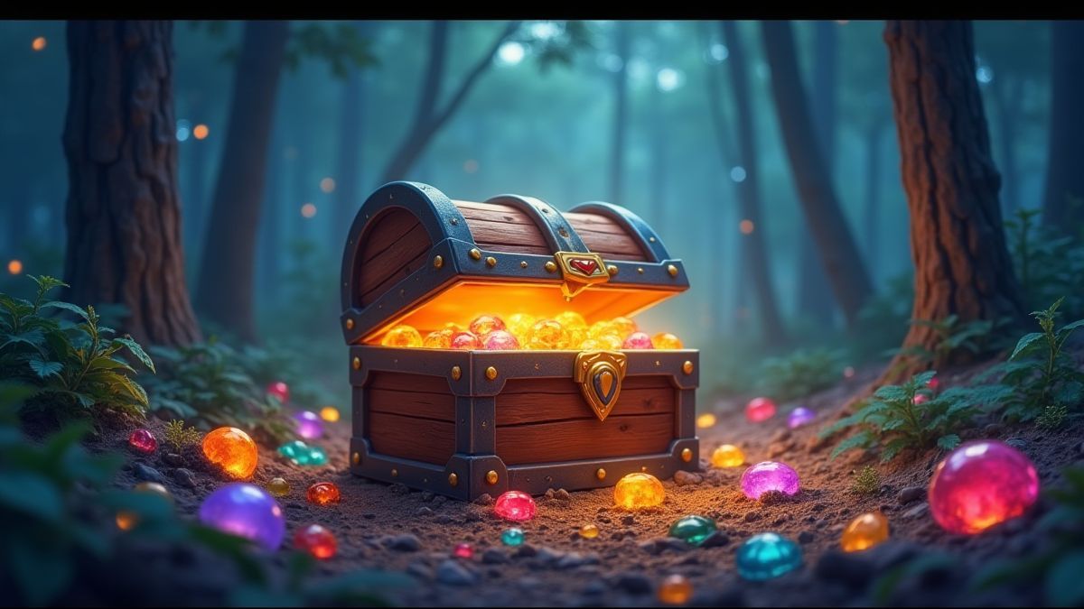Een stralende schatkist omringd door kleurrijke edelstenen in een magisch bos.
