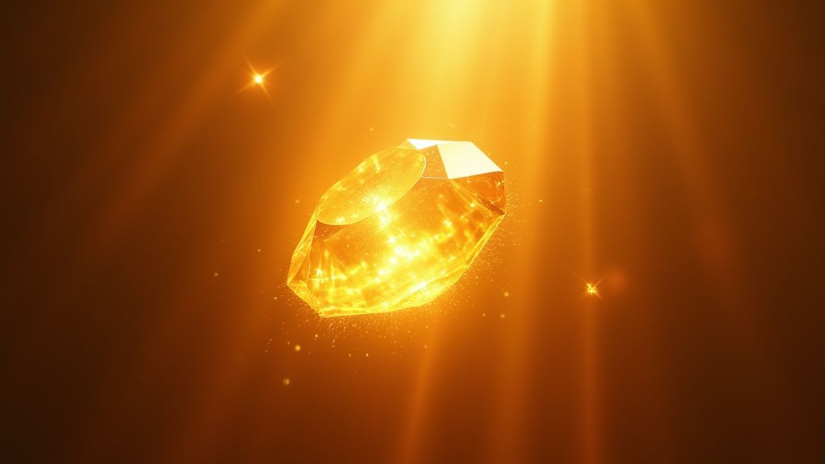 Een glanzende gouden edelsteen die zweeft in een stralende lichtstraal.