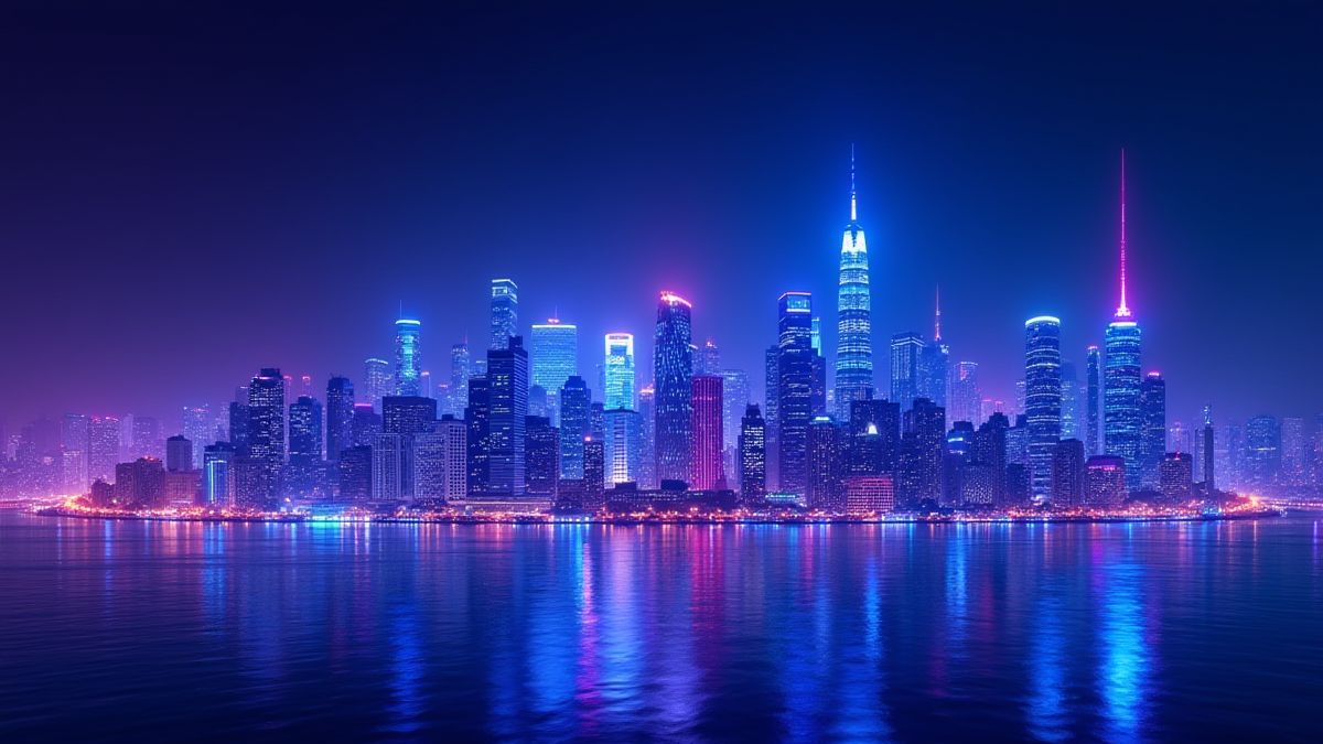 Een futuristische stad met paarse en blauwe neonlichten.