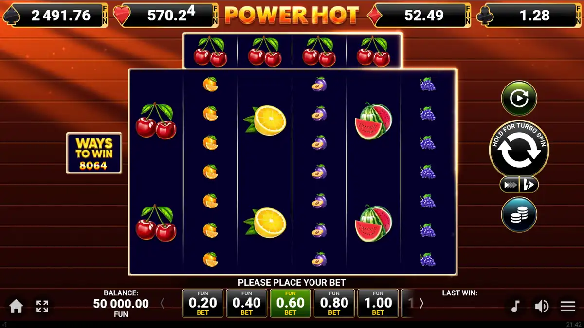 Scherm van het basisspel van Power Hot