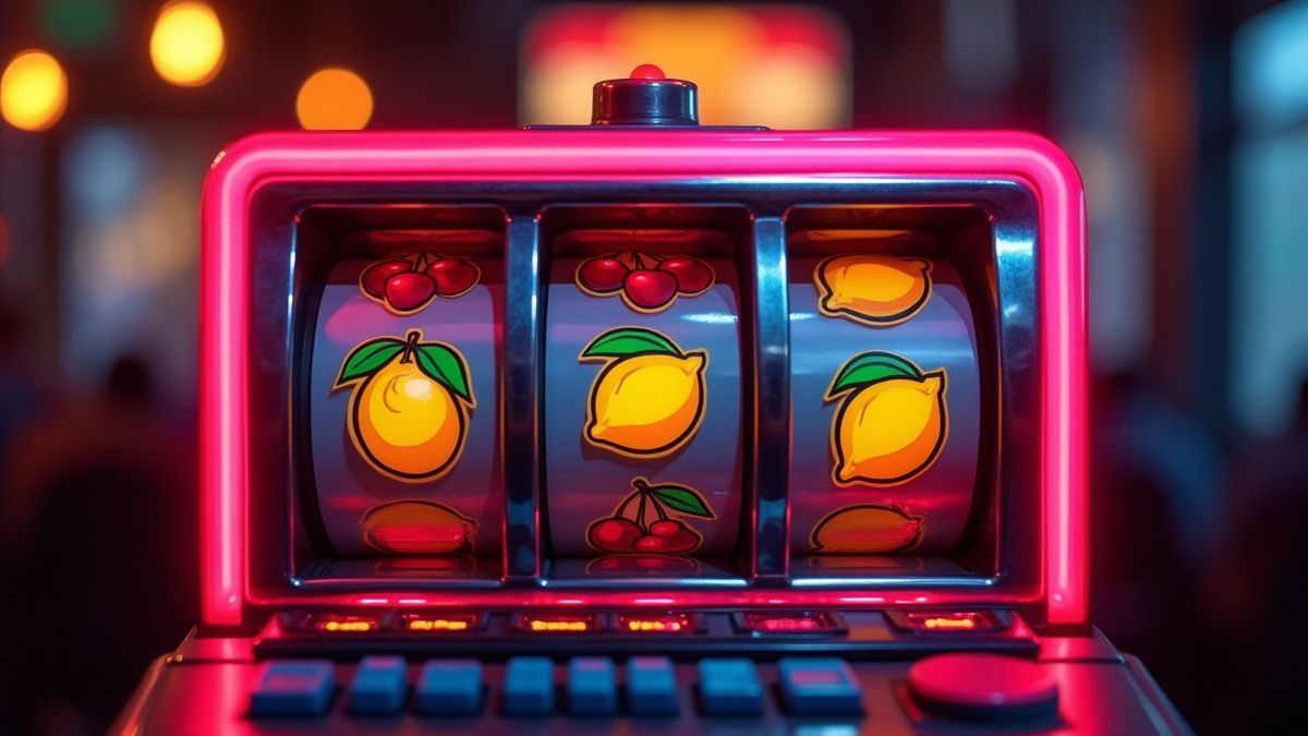 Una máquina tragaperras retro con símbolos clásicos de frutas.