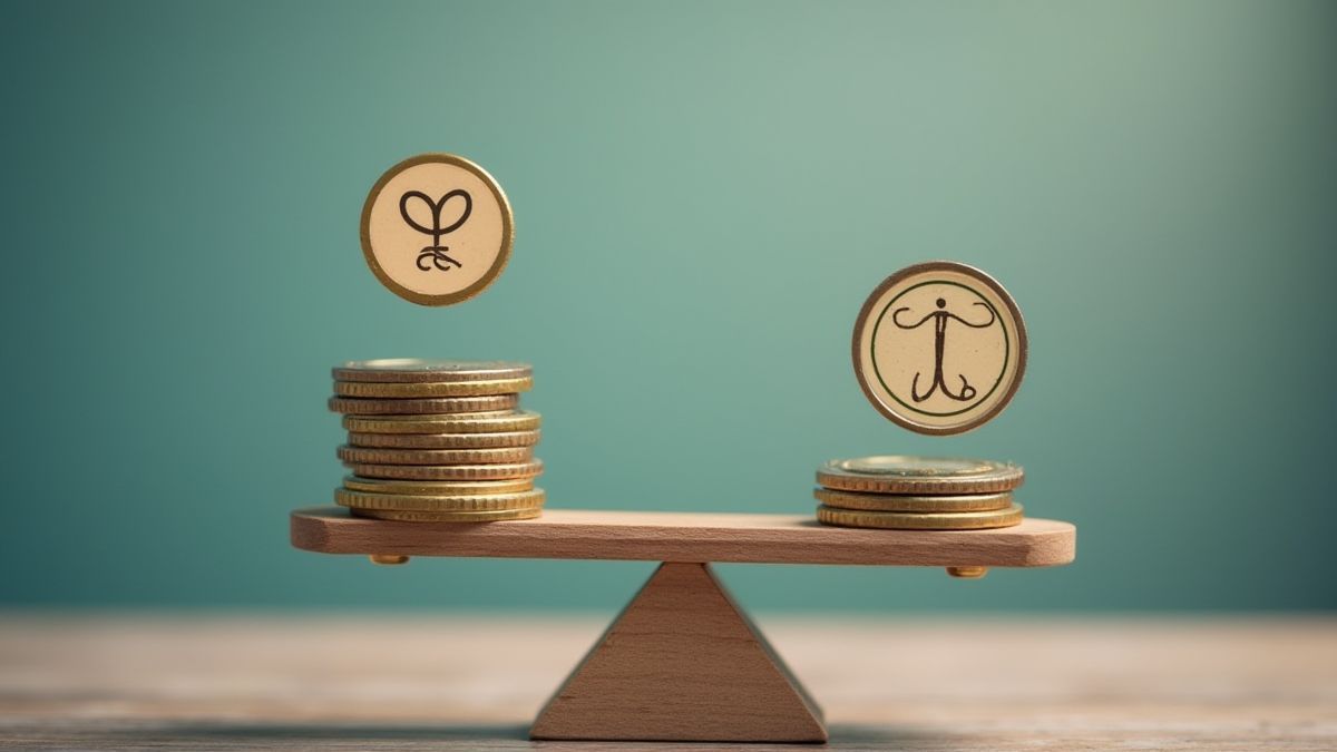 Una balanza equilibrada con monedas y símbolos.