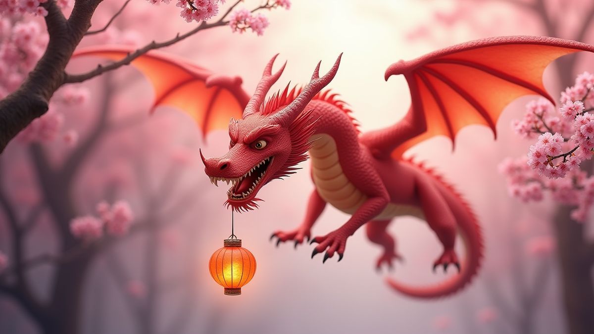 Dragón asiático volando entre cerezos en flor con una linterna brillante.