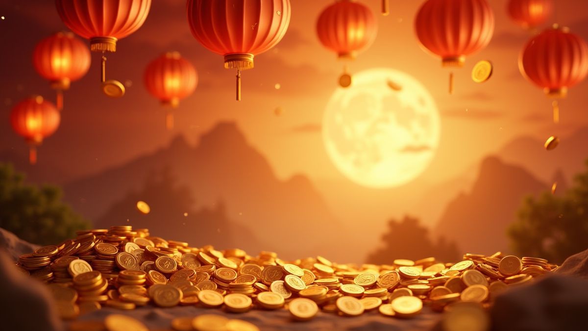Monedas doradas y linternas brillantes en un paisaje asiático.