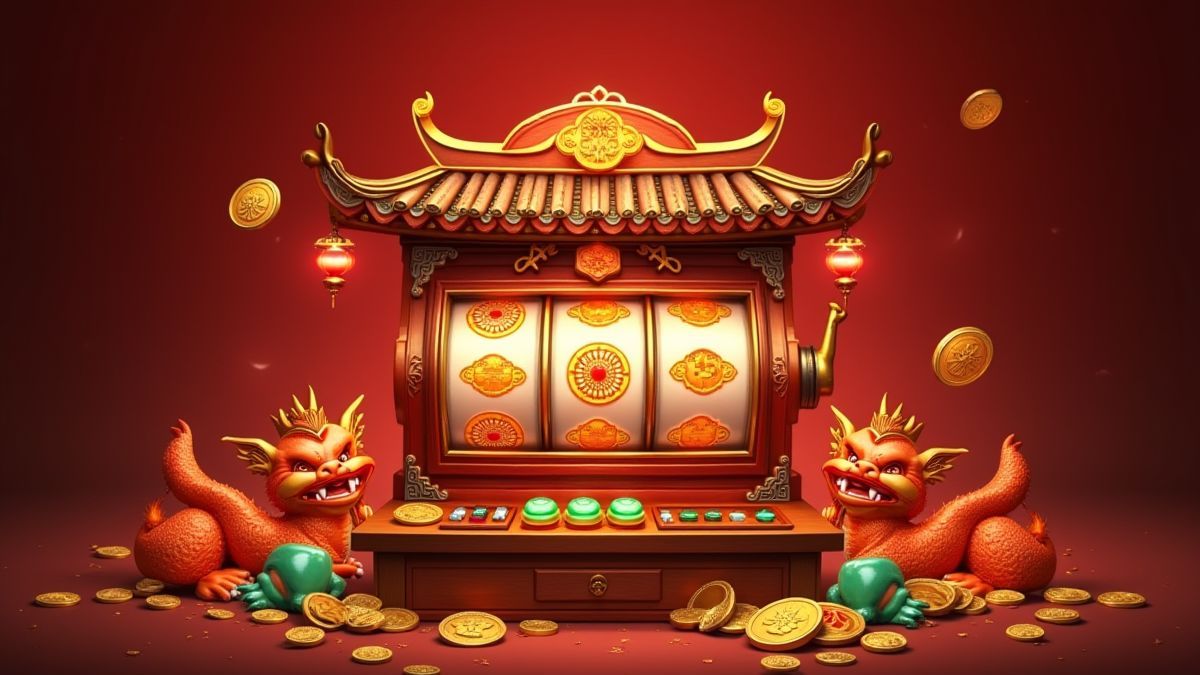 Máquina de slot temática asiática rodeada de amuletos de la suerte.