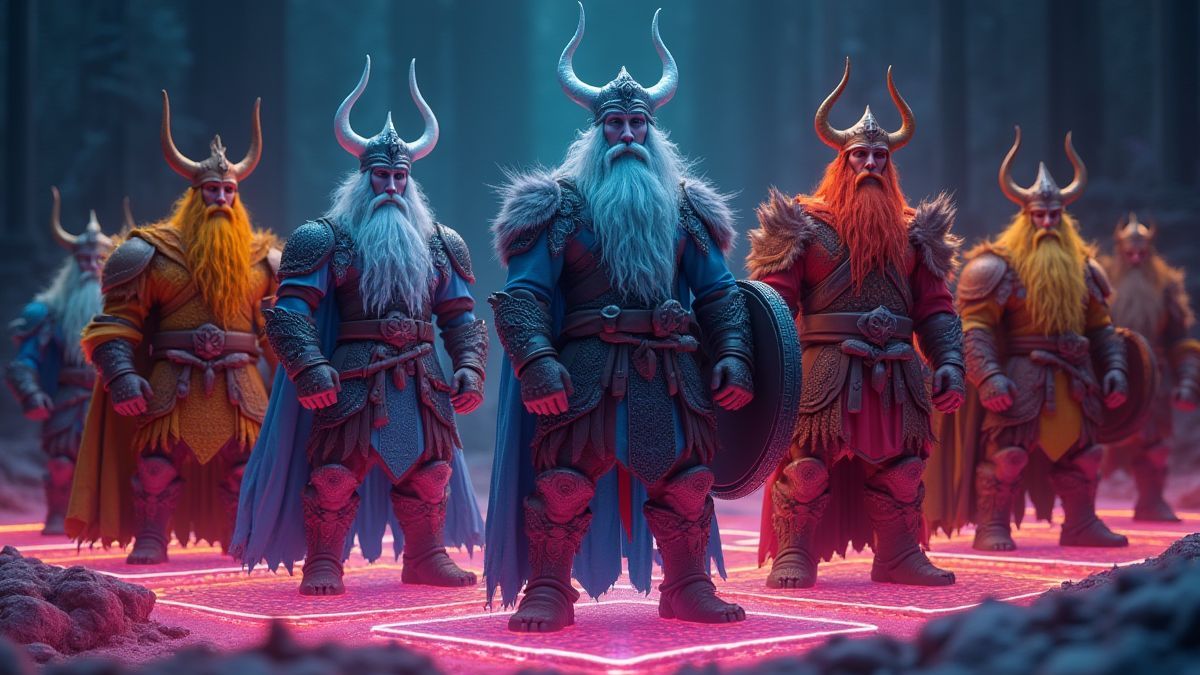 Wikinger-Götter auf einem leuchtenden 4x4-Gitter.