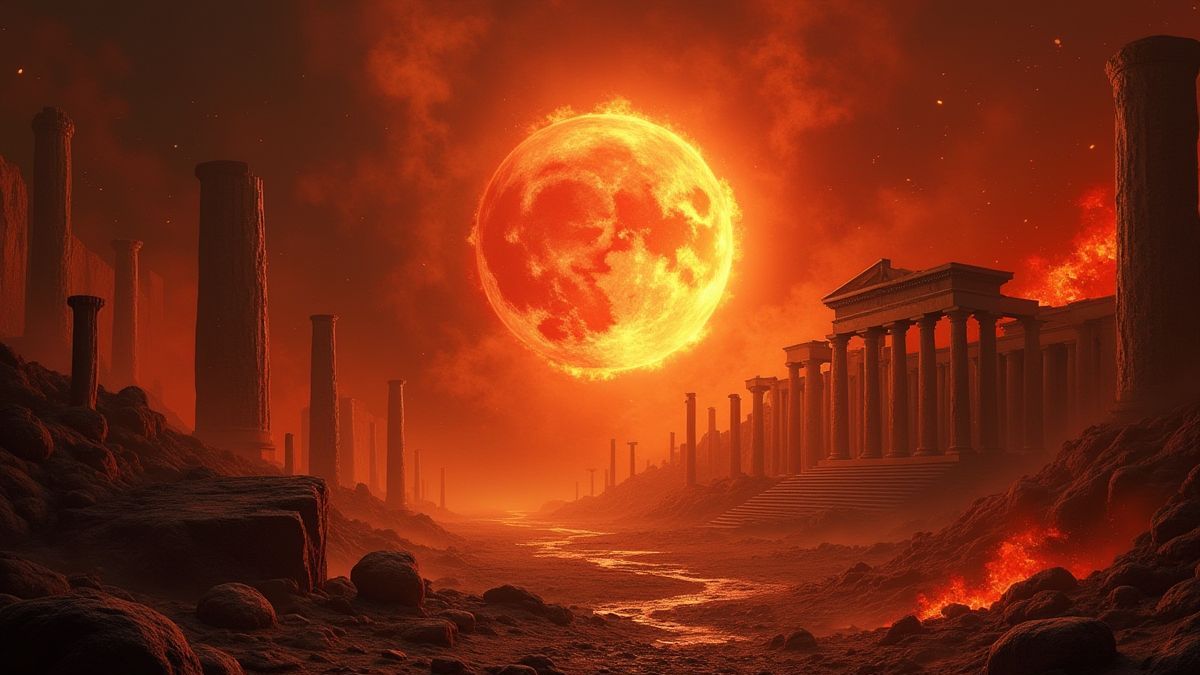 Escena del inframundo con bolas de fuego y ruinas griegas.