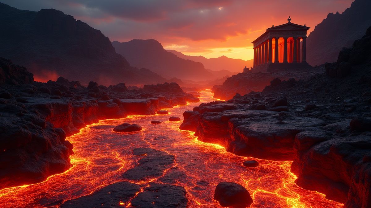 Río de lava brillante con arquitectura griega antigua en el fondo.