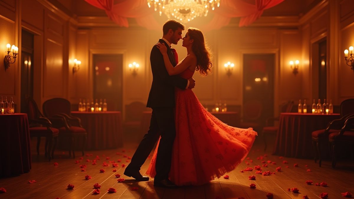 Salón de baile retro con parejas bailando y decoraciones de rosas y champán