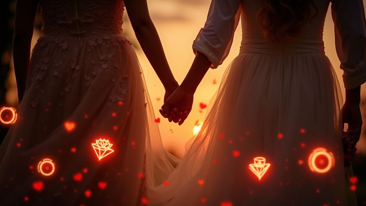 Pareja tomados de la mano rodeados de símbolos brillantes como anillos y rosas