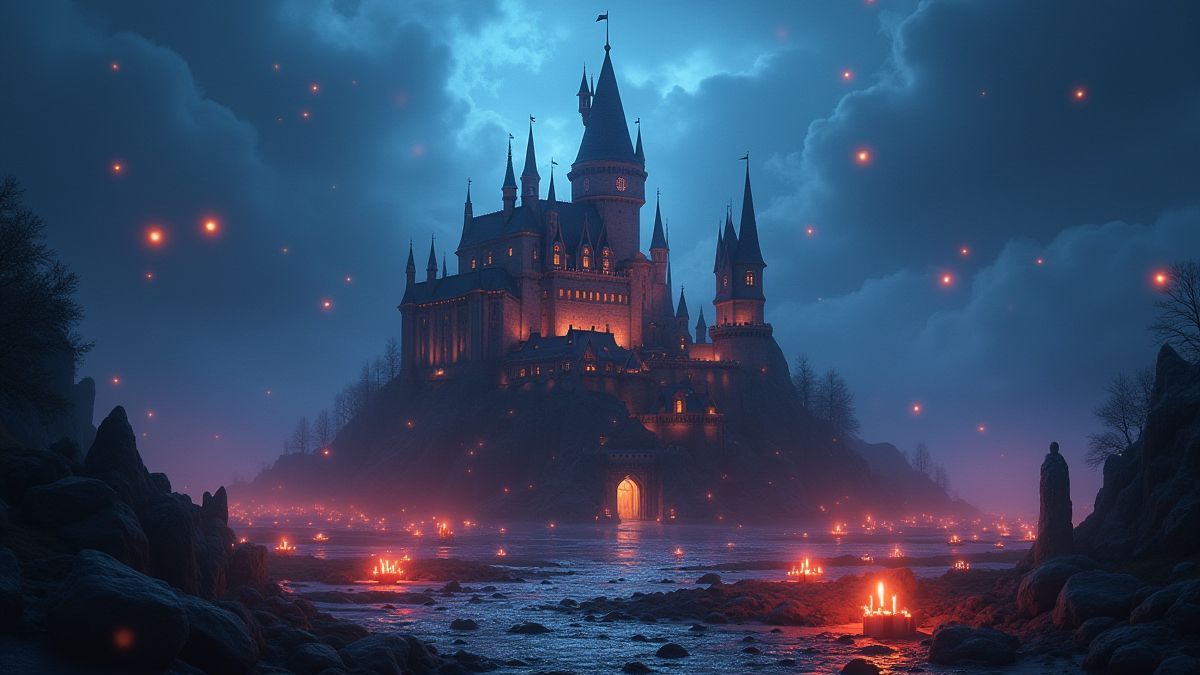Un castillo medieval con luces mágicas y pociones flotantes.