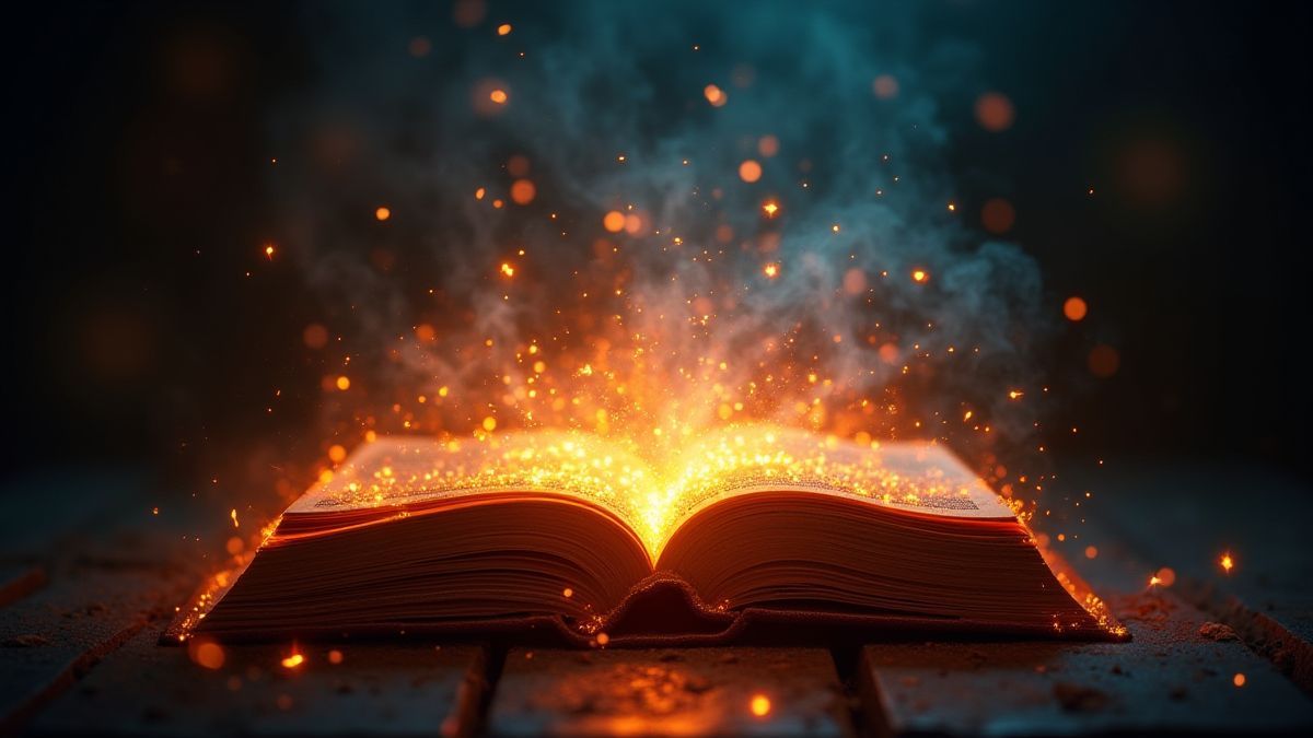 Un libro de hechizos brillante con efectos mágicos.