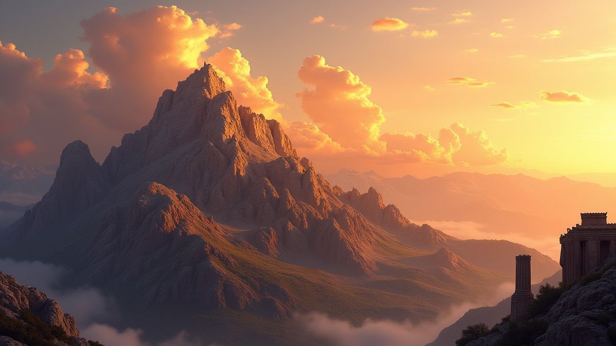 Monte Olimpo ao atardecer com arquitetura grega antiga.