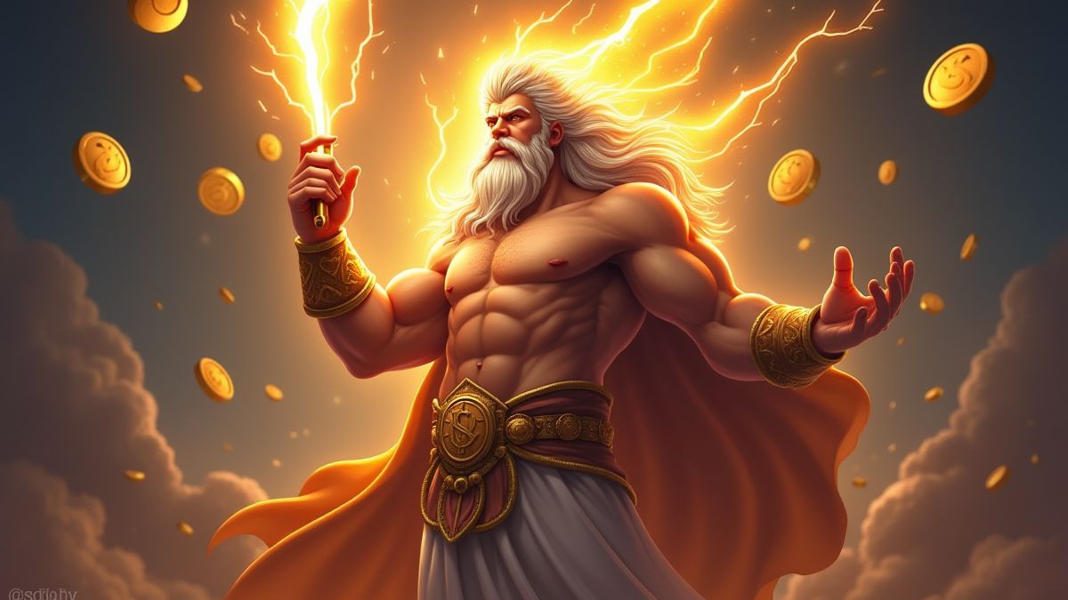 Zeus segurando um raio luminoso cercado por moedas douradas flutuantes.