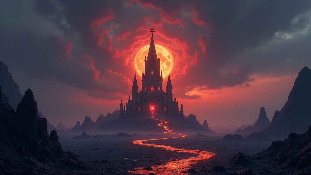 Ein strahlender slawischer Tempel, umgeben von vulkanischen Landschaften und mystischen Symbolen.