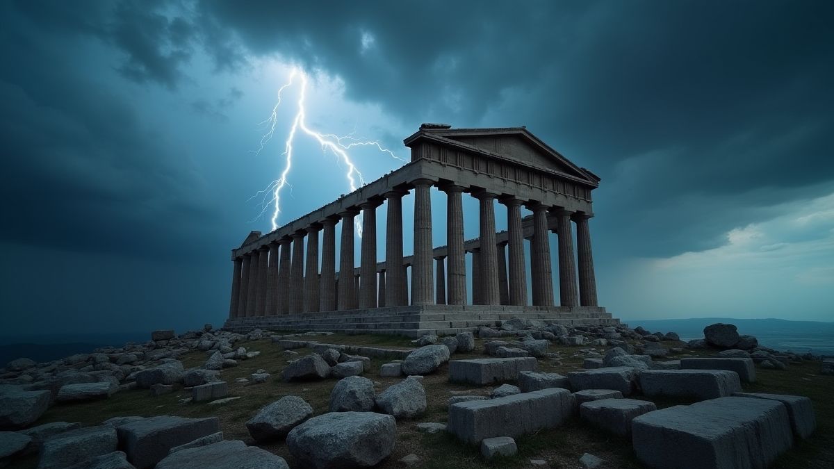 Templo griego antiguo rodeado de nubes de tormenta y rayos.