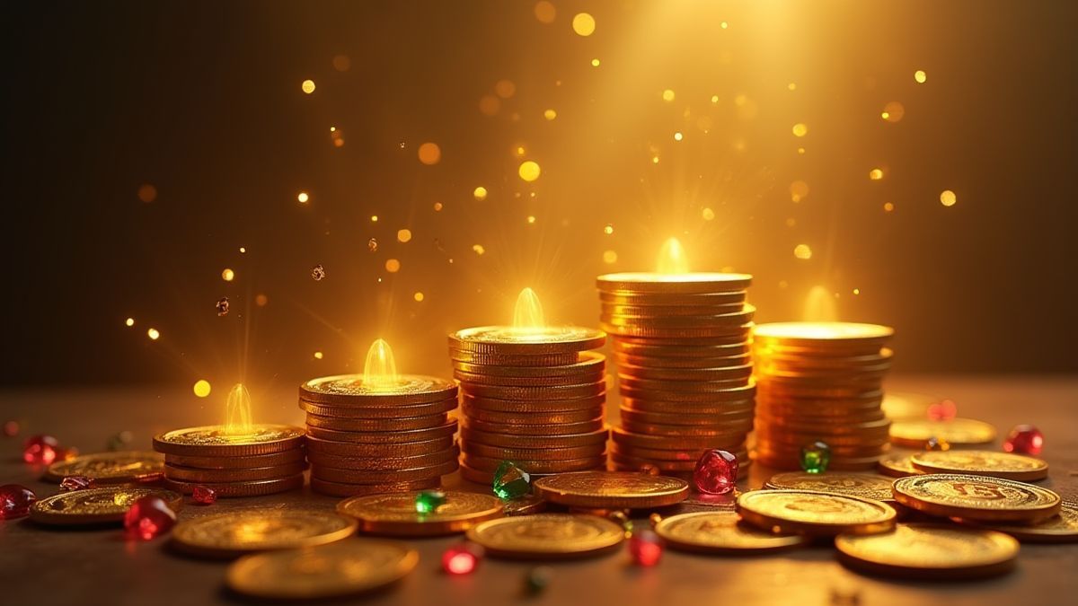 Montones de monedas de oro y gemas brillando bajo luz divina.