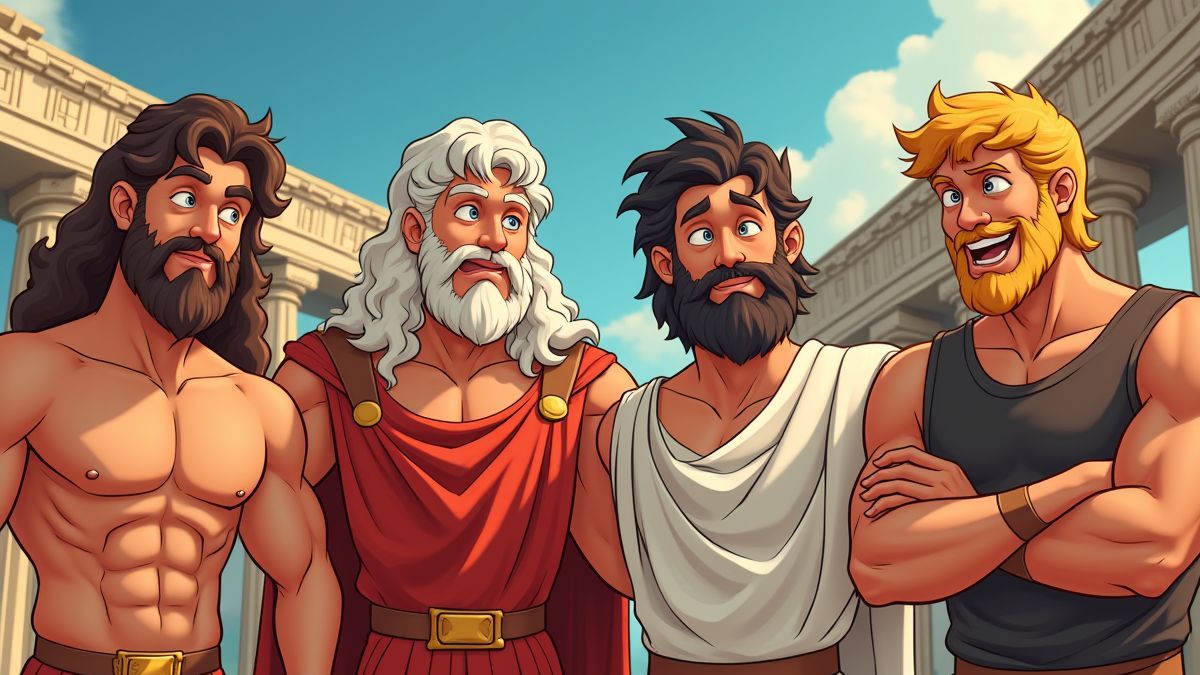 Dioses griegos representados en un estilo animado vibrante.