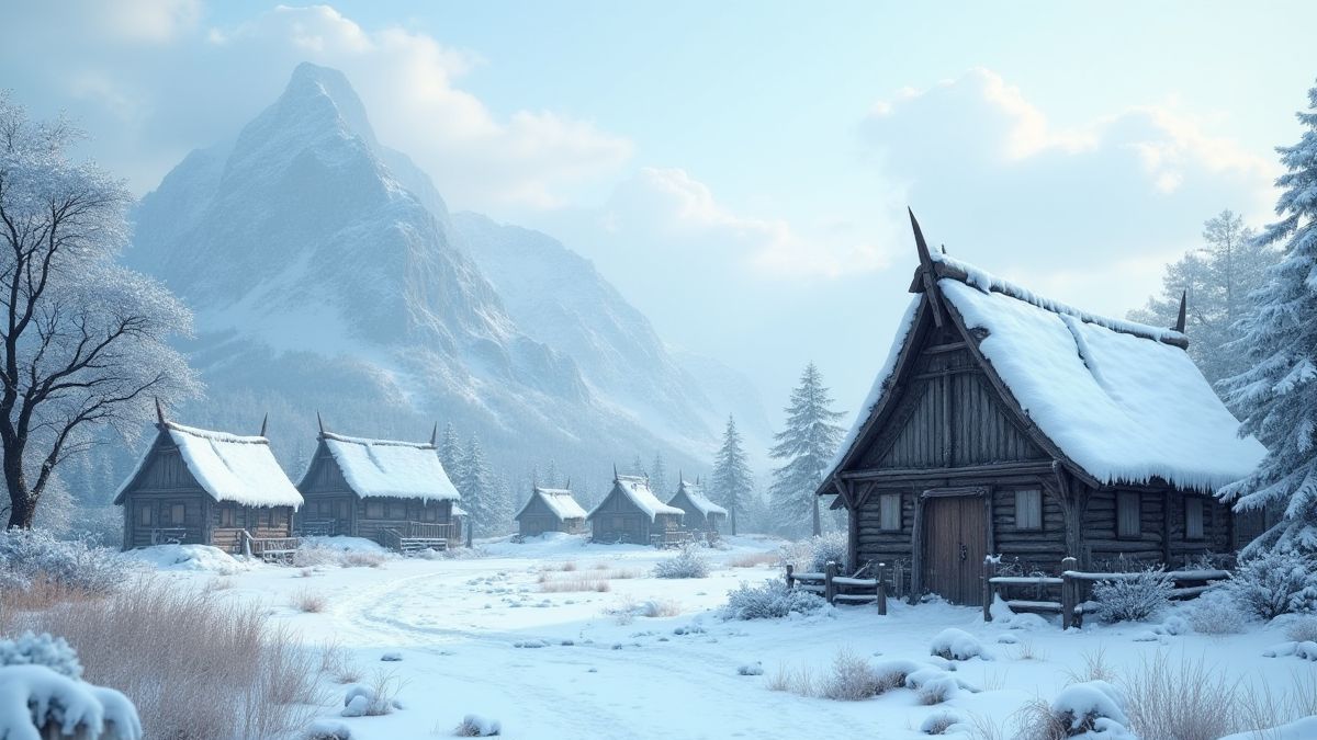 Aldea vikinga nevada rodeada de montañas.
