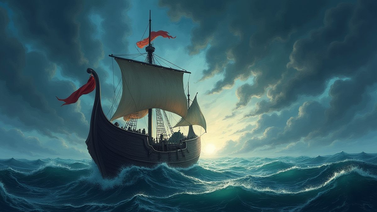 Barco vikingo navegando bajo un cielo tormentoso.