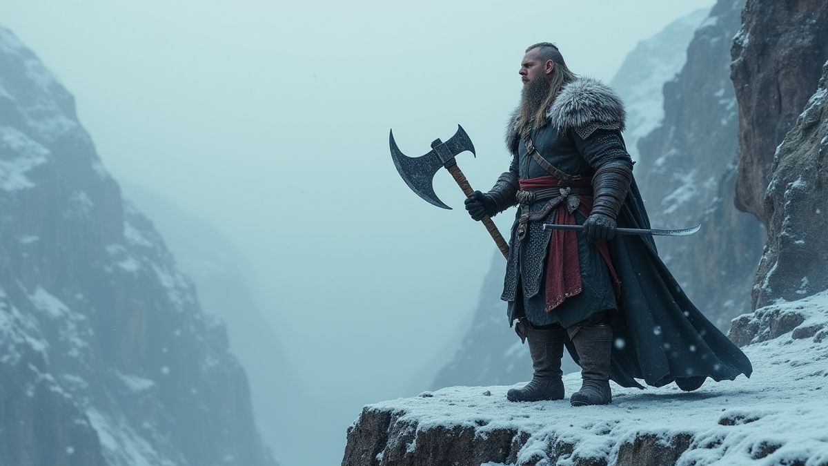 Guerrero vikingo con un hacha bajo la nieve.