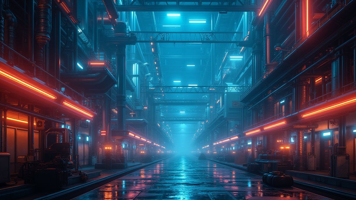 Planta de energíá con luces de neón y maquinaria futurista.