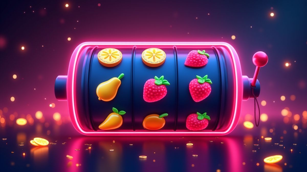 Um design futurista com frutas e sinos que brilham com luzes de néon.