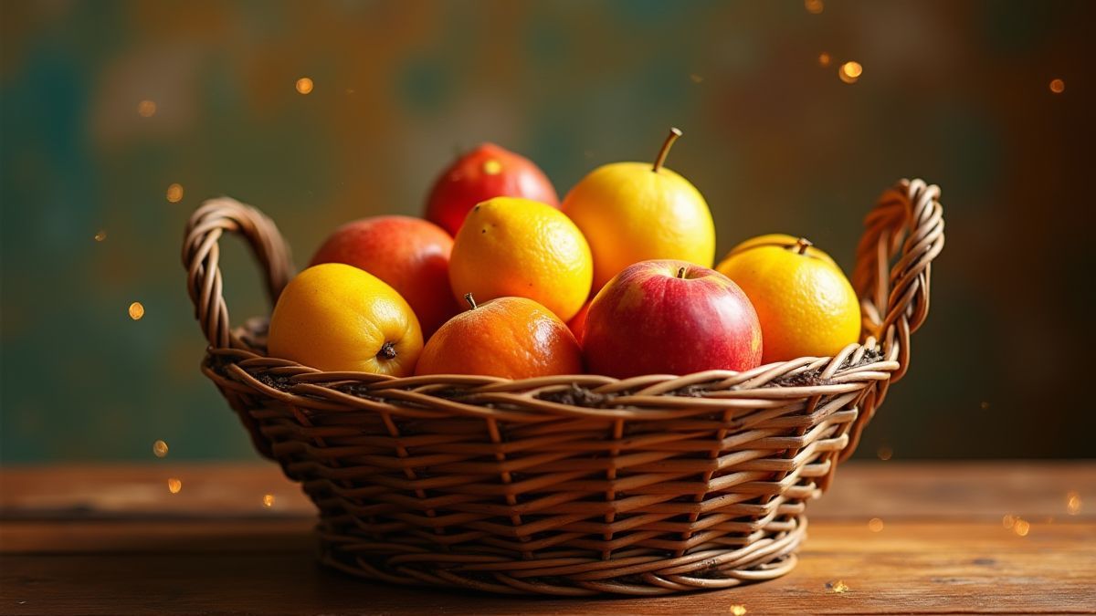 Cesta de frutas con estilo retro en una mesa de madera.