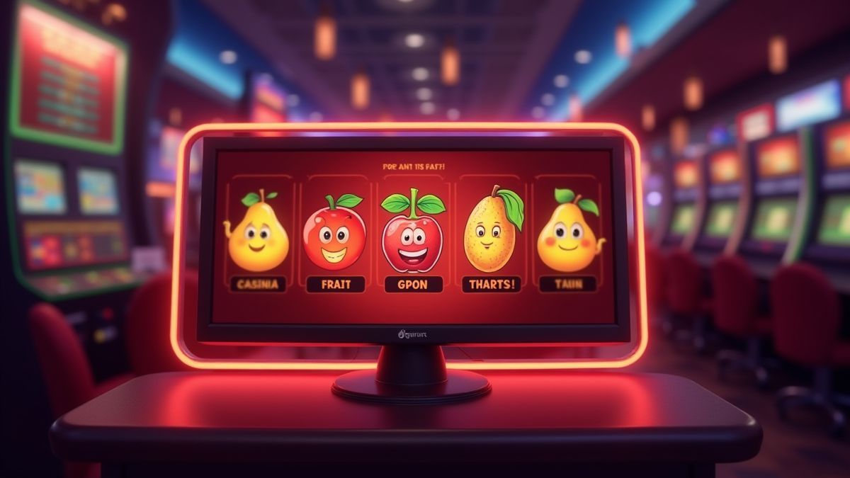 Ambiente de casino alegre con s&iacute;mbolos de frutas brillantes en una pantalla.