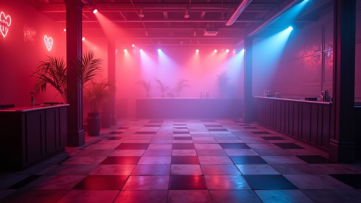 Een retro dansvloer met levendige lichten en een rokerige sfeer.