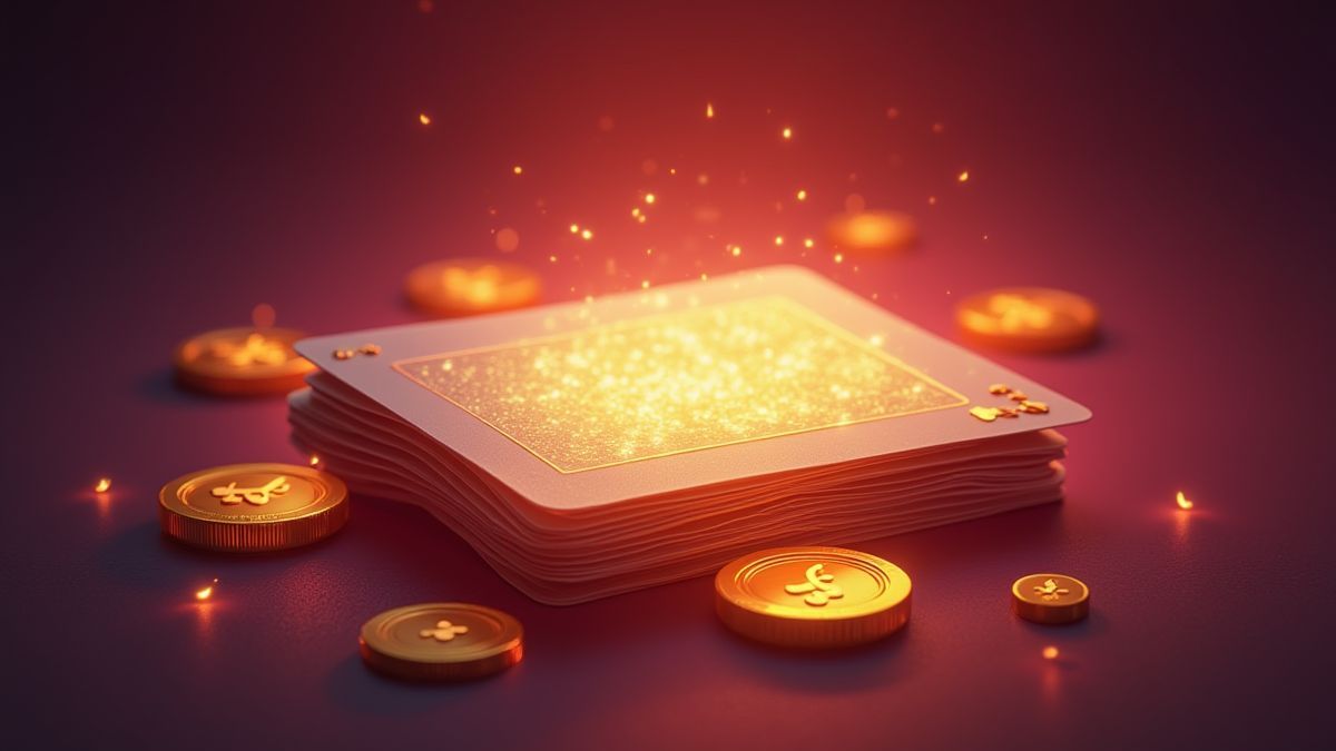 Een kaartendeck en gouden munten op een levendige achtergrond.