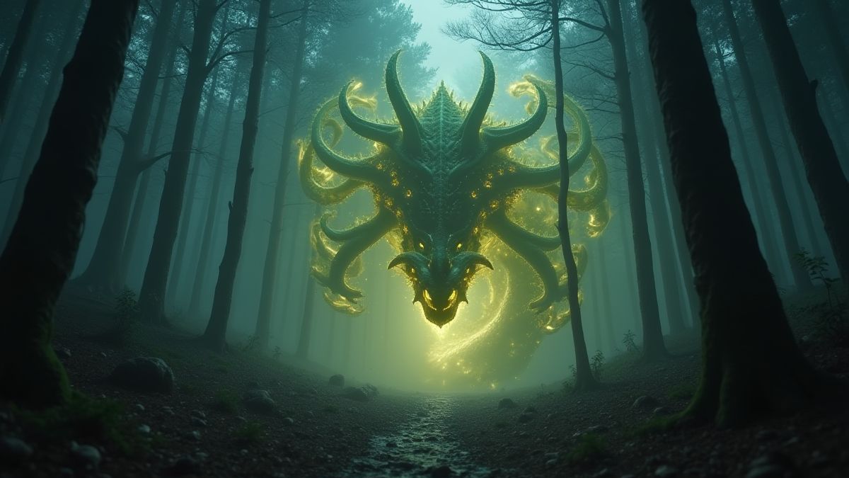 Een verlichte Hydra in een mystiek bos.