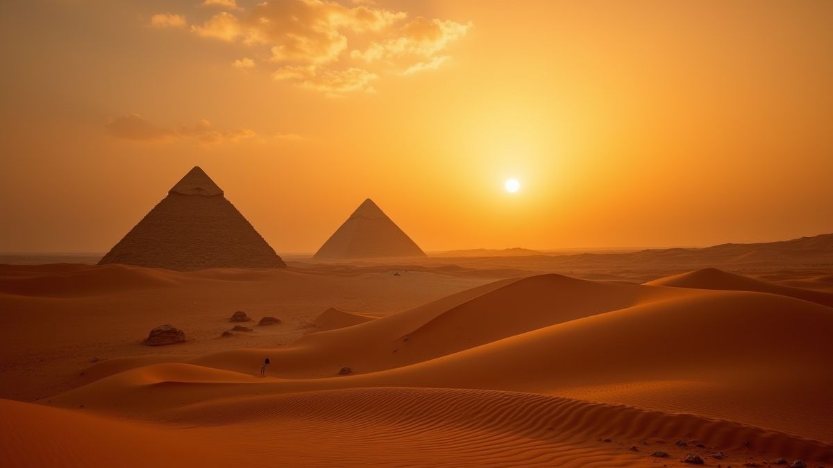 Ägyptische Wüste mit Pyramiden im Hintergrund während des Sonnenuntergangs.